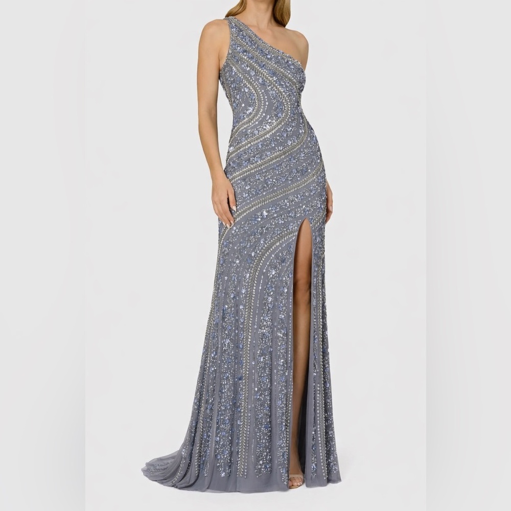 Aidan Mattox Beaded One-Shoulder Gown Slate Blue Gray SZ 14 NWT MOB Evening GALA